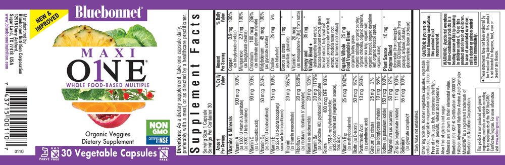 Bluebonnet, MAXI ONE, Whole Food-Based Multiple, With Organic Veggies, Dietary Supplement, 30 Vegetarian Capsules, NON GMO, Kosher, Soy Free, Gluten Free - Image 2