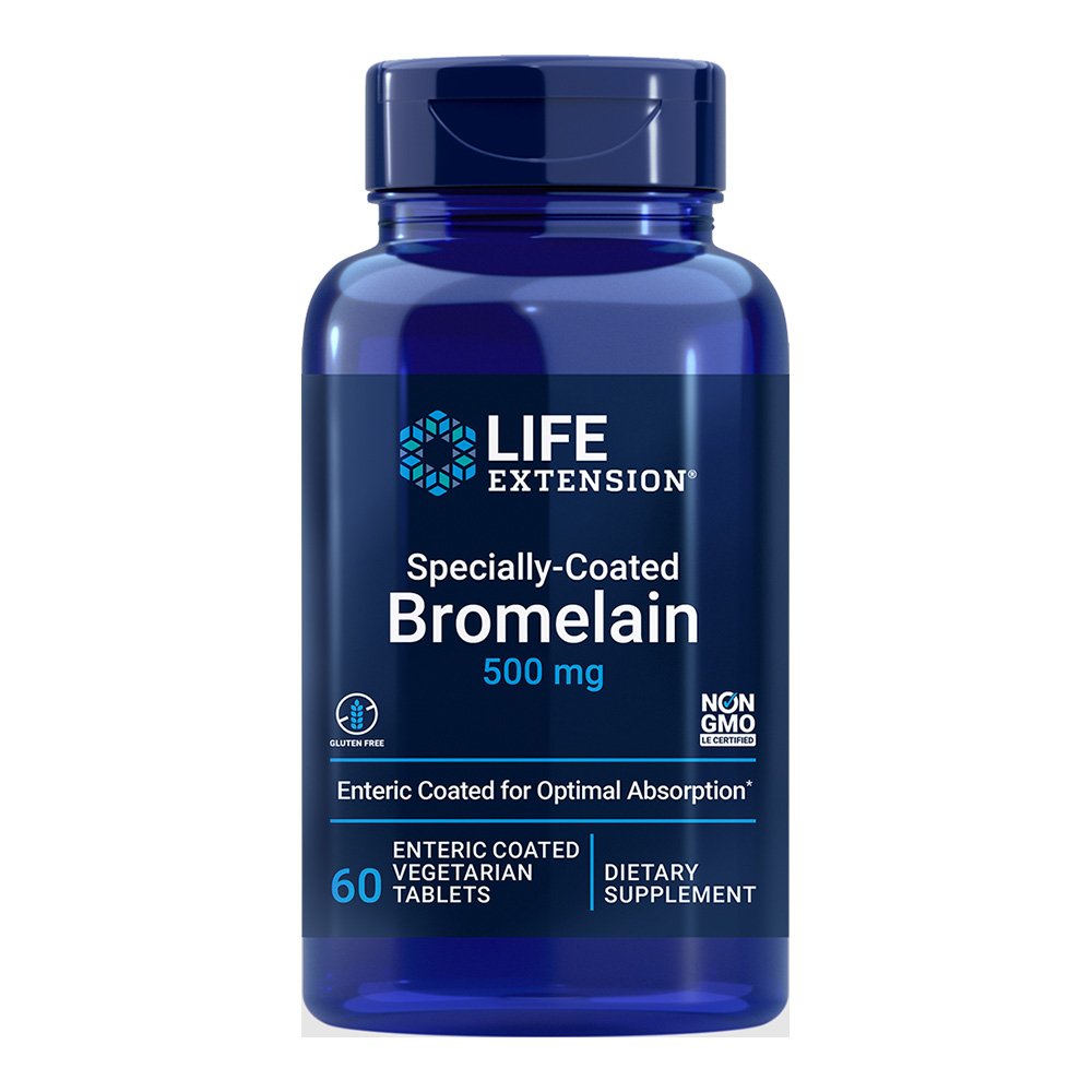 Life Extension, Specially-Coated, Bromelain 500mg, Enteric Coated for Optimal Absorption, Dietary Supplement, 60 Enteric coated Tablets, NON GMO