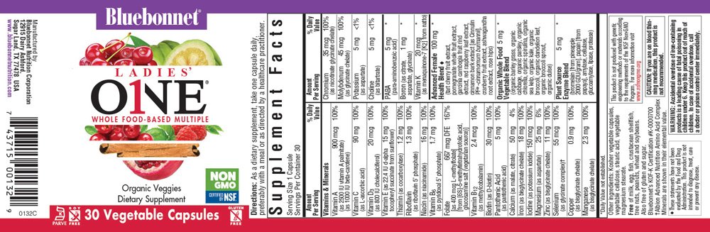 Bluebonnet, Ladies' ONE, Whole Food Based Multiple, With Organic Veggies, Dietary Supplement, 30 Vegetable Capsules, NON GMO, Kosher, Soy Free, Gluten Free - Image 2