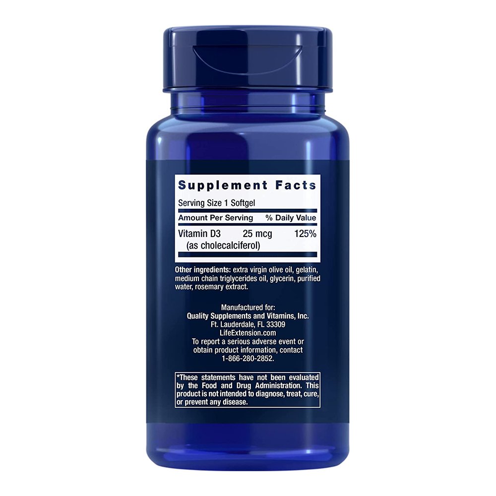 Life Extension, Vitamin D3 25mg (1,000 IU), Gluten Free, NON GMO, Dietary Supplements, 250 Softgels - Image 2