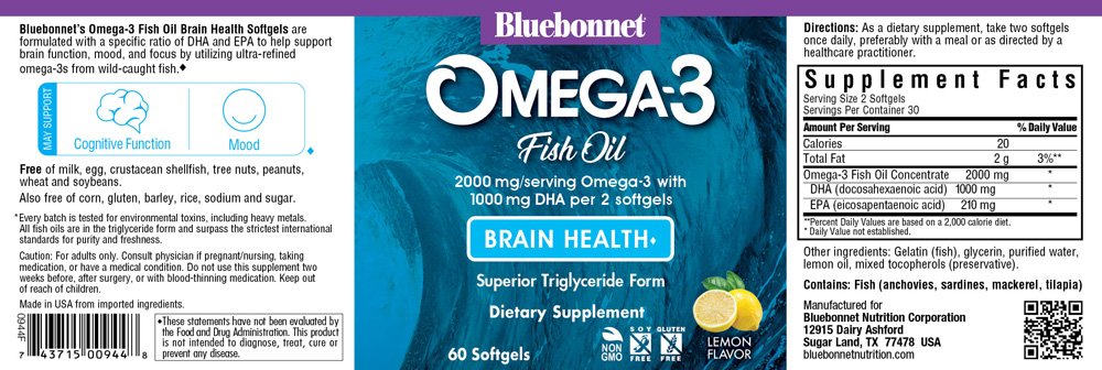 Bluebonnet, Omega-3 Brain Formula, Triglyceride Form, DHA 860mg/ EPA 120mg per Serving, Dietary Supplement, 60 Softgels, Molecularly Distilled, Epax, Gluten Free - Image 2