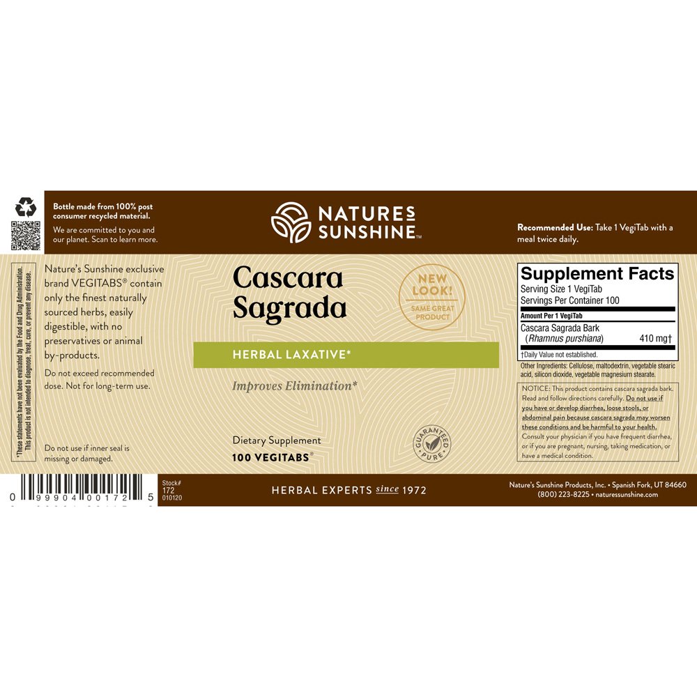 Nature's Sunshine, Cascara Sagrada, Vegitab Formula, Natural Herbal Laxative, Supports the Elimination of Digestive Remnants, Promotes the Emptying of the Colon, Herbal Dietary Supplement, 100 Tablets - Image 2