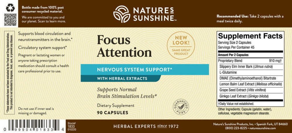 Nature's Sunshine, Focus Attention, Nervous System Support with Herbal Extracts, Supports Normal Brain Stimulation Levels, Dietary Supplement, 90 Capsules - Image 2