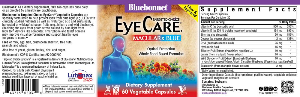 Bluebonnet, Targeted Choice Eye Care, Macular & Blue, Optical Protection, Whole Food-Based Formula, Dietary Supplement, 60 Vegetable Capsules, Kosher, Gluten Free, Vegan - Image 2