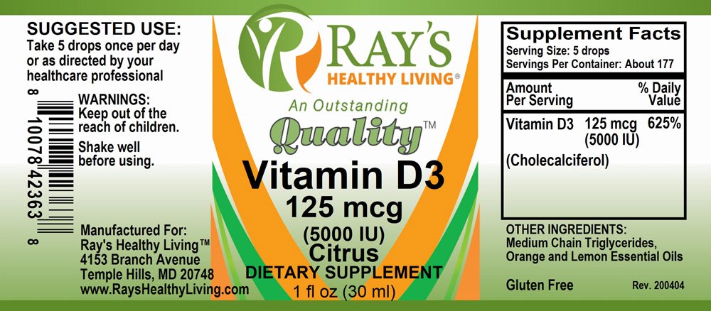 Ray's Healthy Living, Vitamin D3 125mg, 5,000 IU, Citrus, Dietary Supplement, 1 fl oz (30ml) - Image 2