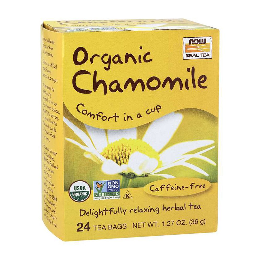 NOW, Organic Chamomile, Comfort in a Cup, Delightfully Relaxing Herbal Tea, Caffeine-Free, 24 Tea Bags, Net Wt. 1.27 oz (36g) USDA Organic, NON GMO, Kosher