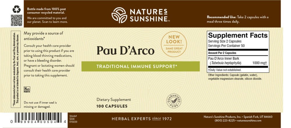 Nature's Sunshine, Pau D'arco, Traditionally used to Combat Harmful Organisms, May Provide a Source of Antioxidants, Dietary Supplement, 100 Capsules - Image 2