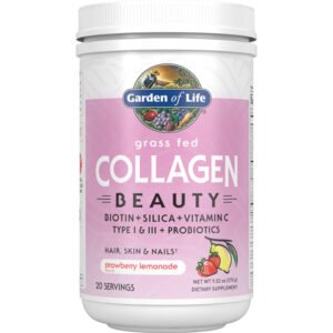 Garden of Life, Collagen Beauty, Biotin + Silica + Vitamin C, Type I & II + Probiotics, Grass Fed, Hair, Skin & Nails, Strawberry Lemonade, 20 Servings, Net Wt. 9.53 oz (270g), Dietary Supplement
