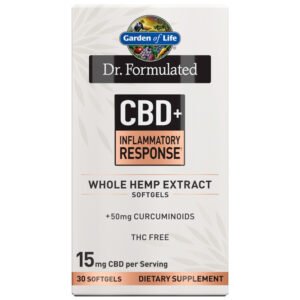 Garden of Life, Dr. Formulated CBD + Inflammatory Response, Whole Hemp Extract Softgels, +50mg Curcuminoids, THC FREE, 15mg CBD per Serving, Dietary Supplement, 30 Softgels