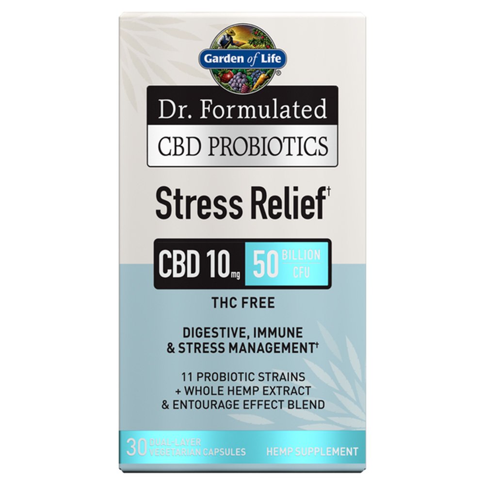 Garden of Life, Dr. Formulated CBD Probiotics, Stress Relief, CBD 10mg, 50 Billion CFU, THC Free, Digestive, Immune, & Stress Management, 11 Probiotic Strains + Whole Hemp Extract & Entourage Effect Blend, 30 Dual-Layer Vegetarian Capsules, Hemp Supplement