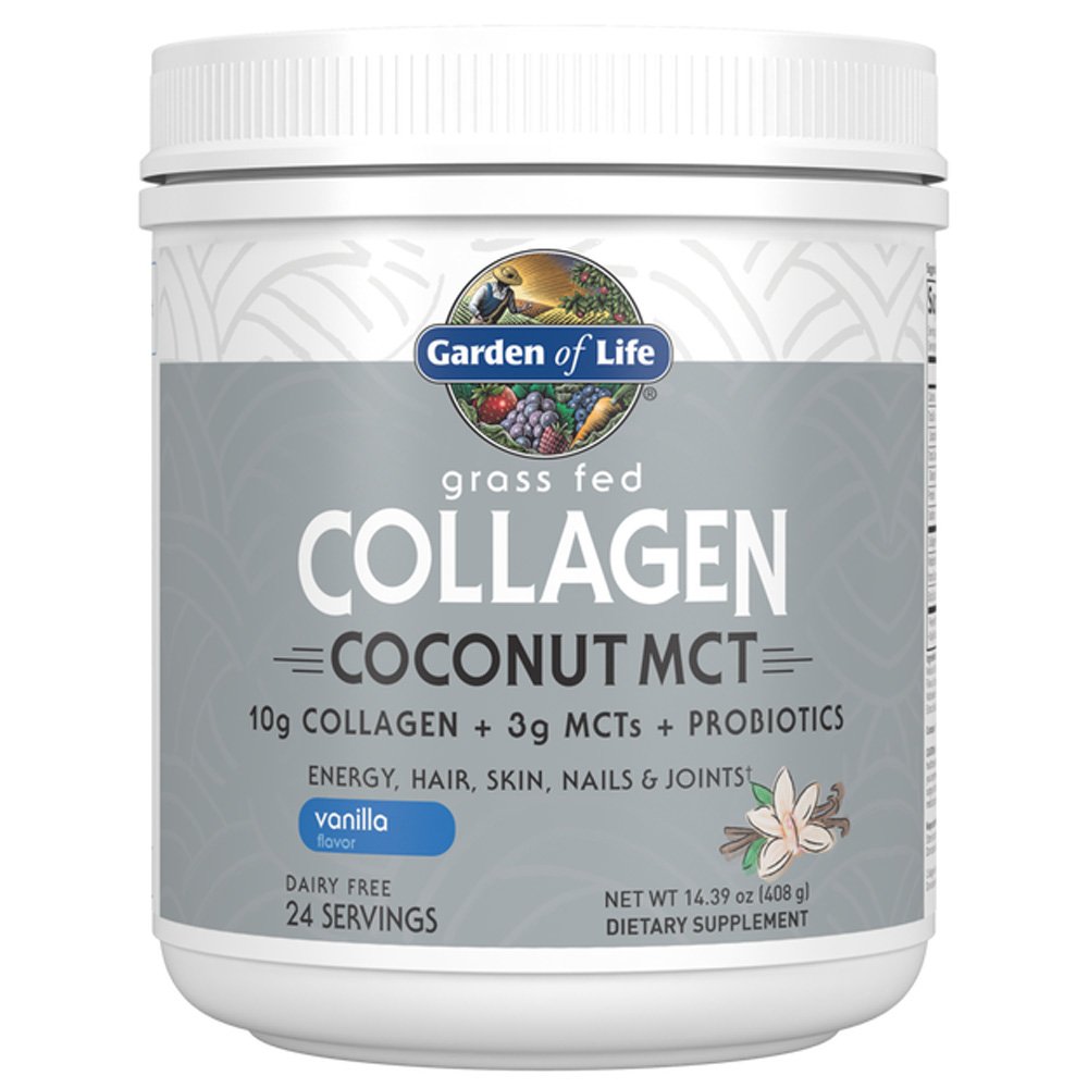 Garden of Life, Grass Fed Collagen Coconut MCT, 10g Collagen + 3g MCTs+Probiotics, Energy, Hair, Skin, Nails & Joints, Vanilla Flavor, Dairy Free, 24 Servings, Net Wt. 14.39 oz (408g), Dietary Supplement