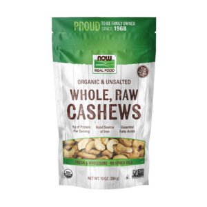 NOW, Organic Whole, Raw Cashews, Unsalted, Good Source of Iron, Essential Fatty Acids, Net Wt. 10 oz (284g), USDA Organic, Kosher, NON GMO