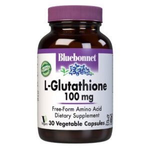 Bluebonnet, L-Glutathione 100mg, Free-Form Amino Acid, Dietary Supplement, Vegan, Kosher, Gluten Free, 30 Vegetable Capsules