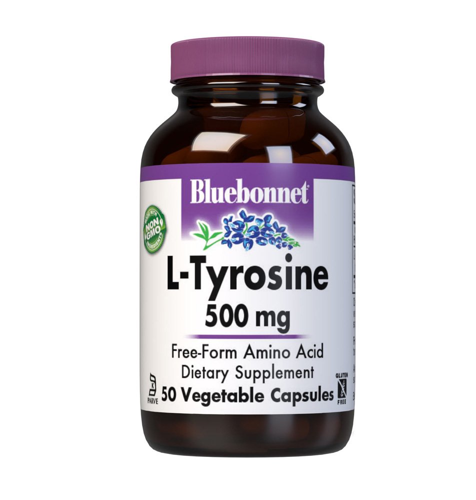 Bluebonnet, L-Tyrosine 500mg, Free-Form Amino Acid, Dietary Supplement, NON GMO, Kosher, Gluten Free, 50 Vegetable Capsules