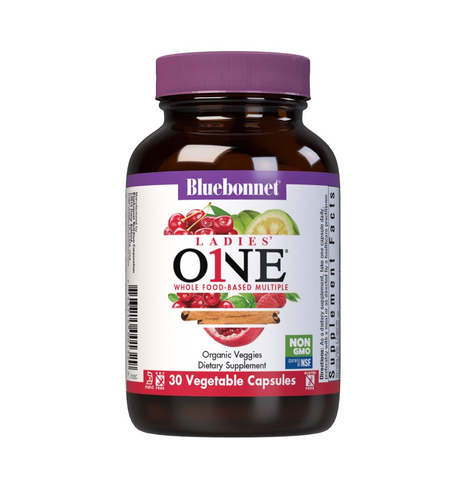 Bluebonnet, Ladies' ONE, Whole Food Based Multiple, With Organic Veggies, Dietary Supplement, 30 Vegetable Capsules, NON GMO, Kosher, Soy Free, Gluten Free