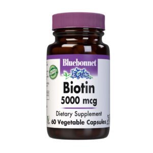 Bluebonnet, Biotin 5,000mcg, Dietary Supplement, 60 Vegetable Capsules, NON GMO, Vegan, Kosher, Gluten Free