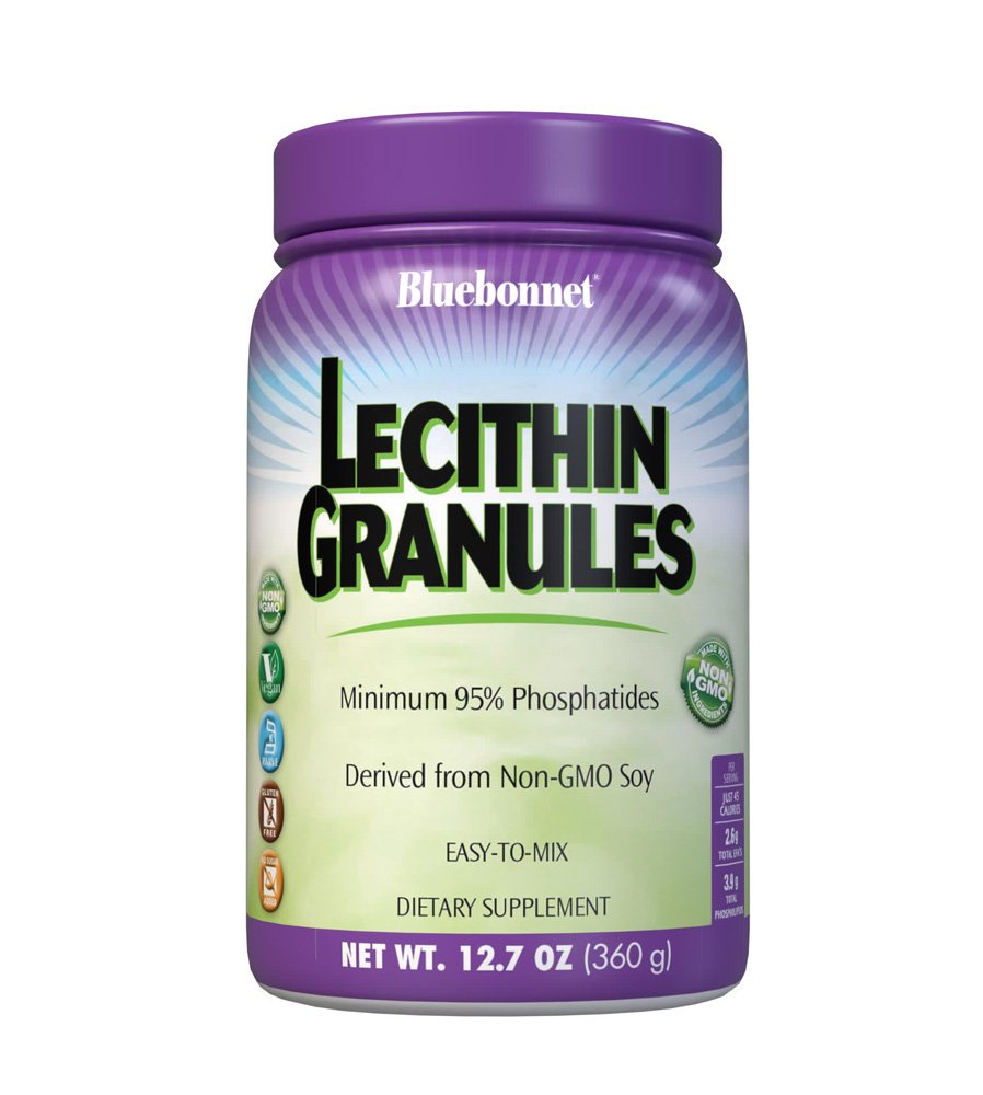 Bluebonnet, Lecithin Granules, Minimum 95% Phosphatides, Derived from Non-GMO Soy, Easy-To-Mix, Dietary Supplement, Net Wt. 12.7 oz (360ml), NON GMO, Vegan, Gluten Free, Kosher, No Sugar Added,