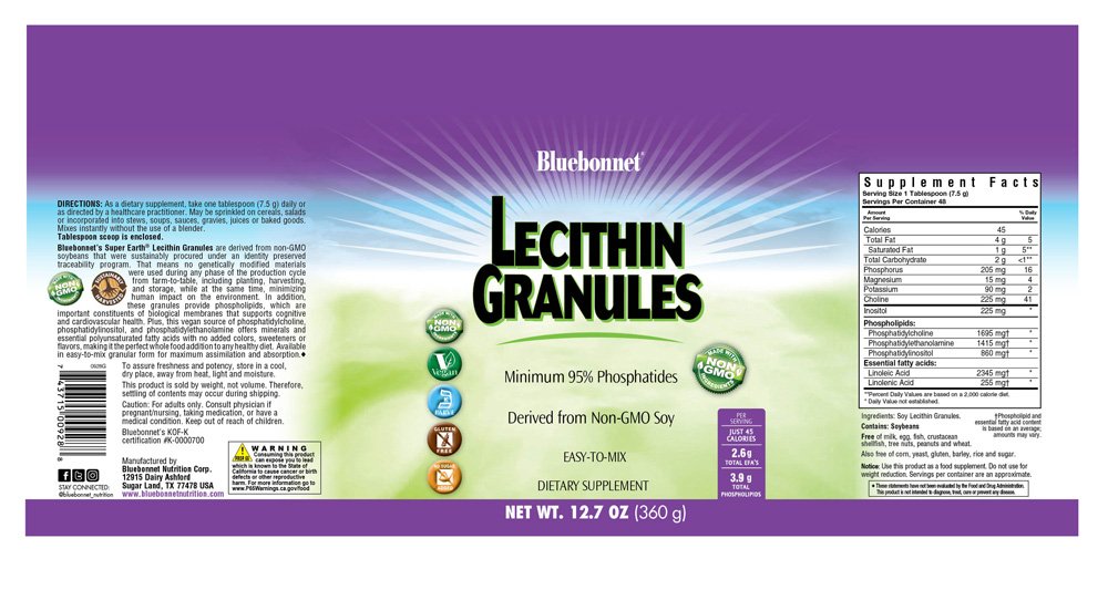 Bluebonnet, Lecithin Granules, Minimum 95% Phosphatides, Derived from Non-GMO Soy, Easy-To-Mix, Dietary Supplement, Net Wt. 12.7 oz (360ml), NON GMO, Vegan, Gluten Free, Kosher, No Sugar Added, - Image 2