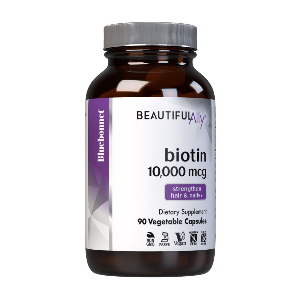 Bluebonnet, Beautiful Ally, Biotin 10,000mcg, Strengthen Hair & Nails, Dietary Supplement, 90 Vegetable Capsules, NON GMO, Gluten Free, Vegan, Kosher