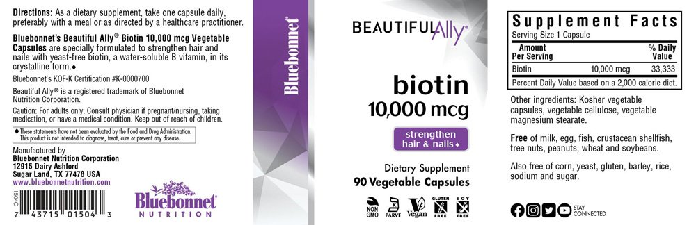Bluebonnet, Beautiful Ally, Biotin 10,000mcg, Strengthen Hair & Nails, Dietary Supplement, 90 Vegetable Capsules, NON GMO, Gluten Free, Vegan, Kosher - Image 2