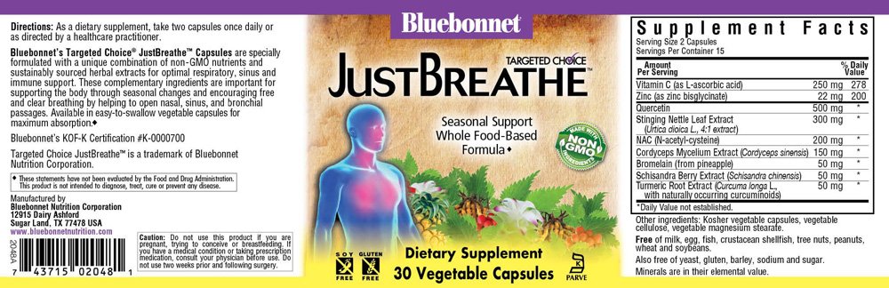 Bluebonnet, Targeted Choice Just Breathe, Seasonal Support, Whole Food-Based Formula, Dietary Supplement, 60 Vegetable Capsules, NON GMO, Soy Free, Gluten Free, Kosher - Image 2