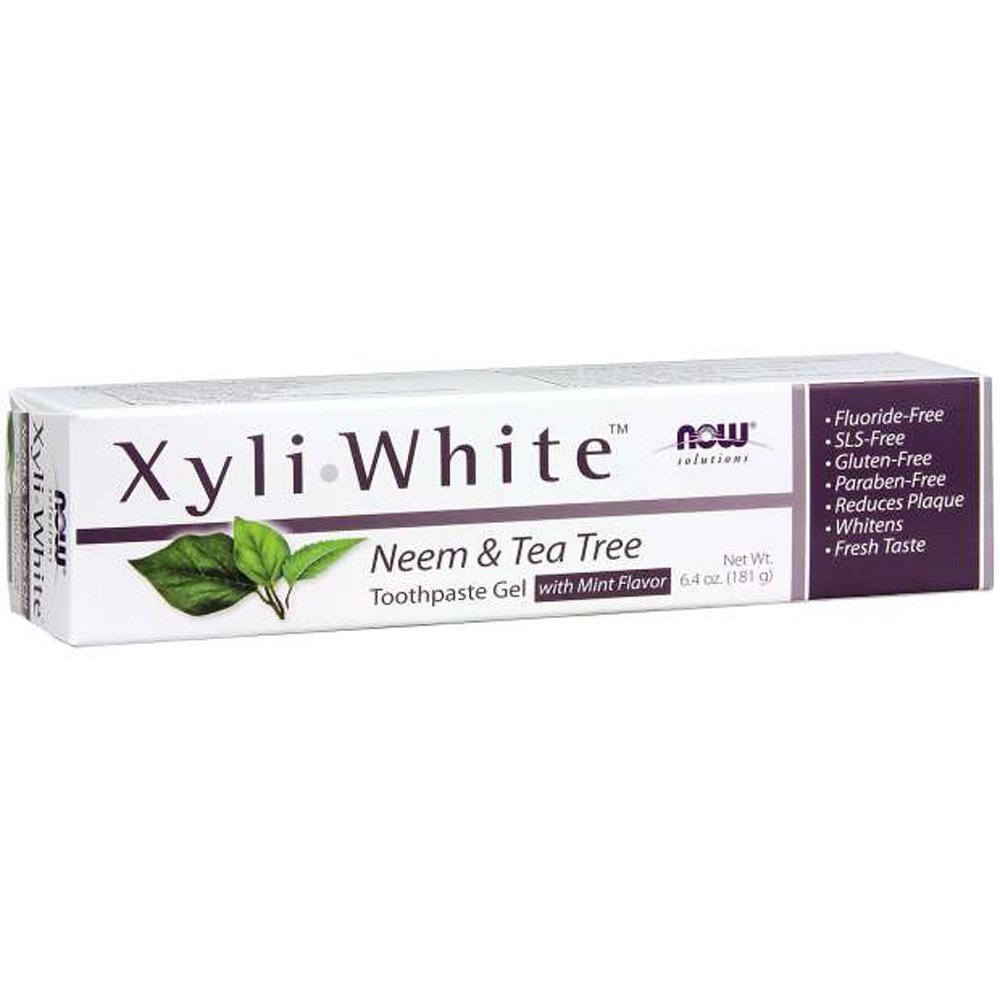 NOW, Xyli White Toothpaste Gel, Neem & Tea Tree with Mint Flavor, Fluoride-Free, SLS-Free, Gluten-Free, Paraben-Free, Cleanses, Whitens, Fresh Taste, Net Wt. 6.40z (181g)