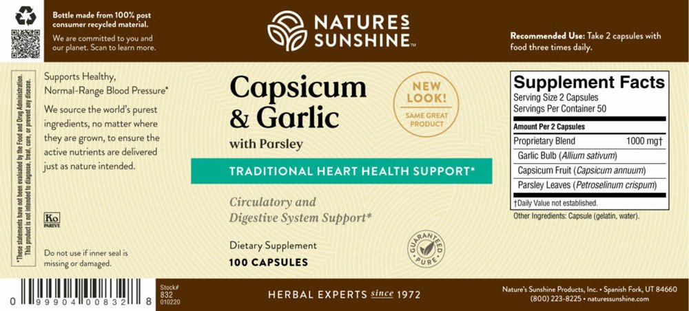 Nature's Sunshine, Capsicum & Garlic with Parsley, Supports Cardiovascular Health, Supports Healthy, Normal-Range Blood Pressure, Increases Production of Digestive Juices, Herbal Dietary Supplement, 100 Capsules - Image 2