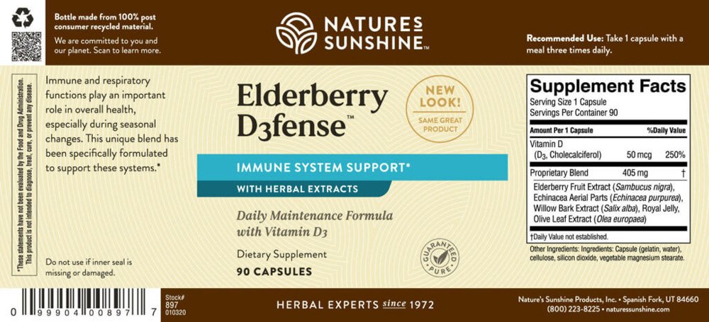 Nature's Sunshine, Elderberry D3fense, Immune System Support with Herbal Extracts, Daily Maintenance Formula with Vitamin D3, Dietary Supplement, 90 Capsules - Image 2